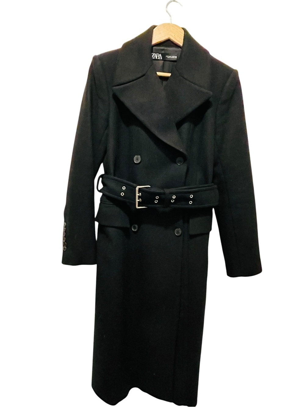 ZARA Black Belted Long Coat Double Breasted Oversized Collar - Picture 2 of 4